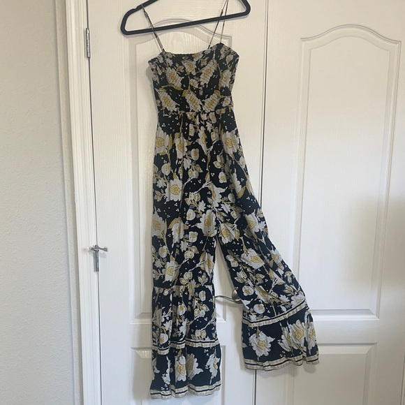 Free People Black Yellow Little of your Love Smocked Floral Jumpsuit size small - Picture 3 of 14